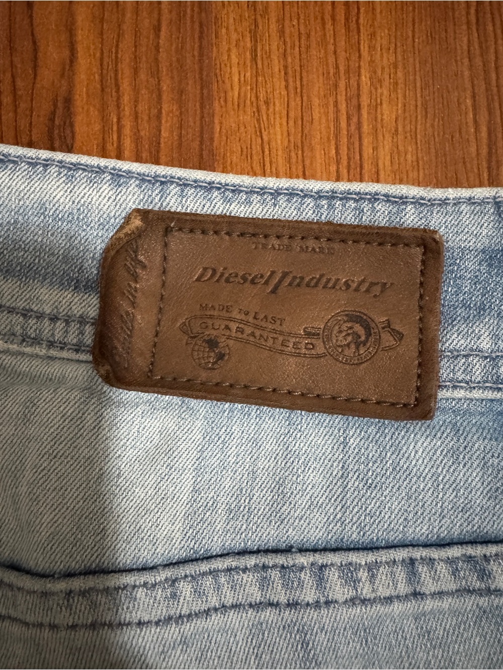 Diesel Light Blue Denim Jean Shorts with Brown Leather Patch